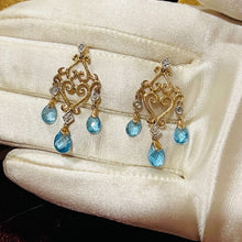 Load image into Gallery viewer, Earrings 10k Yellow Gold Blue Topaz Dangle Earrings Briolette 4.5ctw Ornate 3.5g