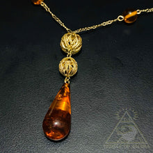 Load image into Gallery viewer, Solid 14k Yellow Gold Amber Necklace 16" Antique Filigree Station Necklace 4.4g