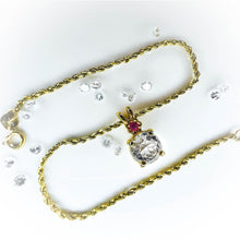 Load image into Gallery viewer, 10k Yellow Gold Ruby & White Quartz Rope Bracelet 7" Dainty Vintage Estate 2.3g