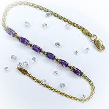 Load image into Gallery viewer, 10k Yellow Gold Vintage Amethyst Bracelet Bismark Link Chain 7.25" Estate 3.6g
