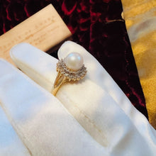 Load image into Gallery viewer, 14k Yellow Gold 7mm Pearl 1/2cttw Double Halo Diamond Ring Size 4.5 Cluster 3.2g