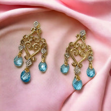 Load image into Gallery viewer, Earrings 10k Yellow Gold Blue Topaz Dangle Earrings Briolette 4.5ctw Ornate 3.5g