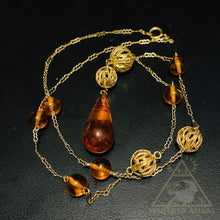 Load image into Gallery viewer, Solid 14k Yellow Gold Amber Necklace 16" Antique Filigree Station Necklace 4.4g