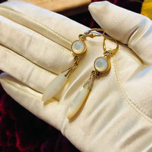 Load image into Gallery viewer, Antique 14k Yellow Gold Mother of Pearl Earrings Victorian Dangle Earrings 7.5g
