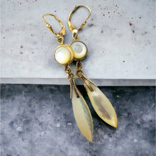 Load image into Gallery viewer, 14k Yellow Gold Mother Of Pearl Earrings Antique Victorian Era Solid Real Gold Dangle Earrings 19th Century Gold 18th Century Jewelry Best Gift for Wife Girlfriend Anniversary Gift for Wife Mothers Day Gift Bridal Jewelry Bridal Earrings Mother of the Bride