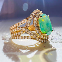 Load image into Gallery viewer, 10k Yellow Gold Peruvian Opal Ring Size 6.25 Oval Zircon Halo Ring 1.50cttw 3.3g