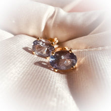 Load image into Gallery viewer, Natural Tanzania Mined Alexandrite Tanzanite Earrings 10k Yellow Gold 1.88cttw Bi Color Color Changing Studs 1.2g