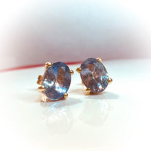 Load image into Gallery viewer, Natural Tanzania Mined Alexandrite Tanzanite Earrings 10k Yellow Gold 1.88cttw Bi Color Color Changing Studs 1.2g