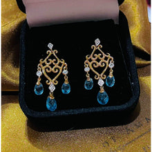 Load image into Gallery viewer, Earrings 10k Yellow Gold Blue Topaz Dangle Earrings Briolette 4.5ctw Ornate 3.5g