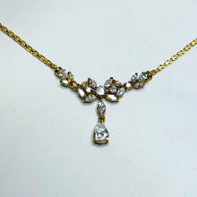 Load image into Gallery viewer, 14k Yellow Gold Leaf Crystal Necklace 16.5" Baroque Chevron Necklace Bridal 8g
