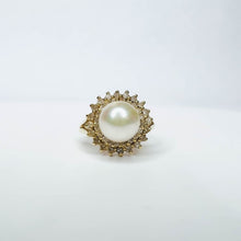 Load image into Gallery viewer, 14k Yellow Gold 7mm Pearl 1/2cttw Double Halo Diamond Ring Size 4.5 Cluster 3.2g