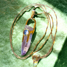 Load image into Gallery viewer, engagement rings rings watch gold diamond choker wedding rings pearl jewellery promise rings earrings bracelet necklace cz silver jewelry stores diamond rings charms mens wedding bands pendant bangles gold chain beads jared jewelry diamond earrings 14k Yellow Gold Healing Gemstones Healing Amethyst Spike Quartz Moonstone Necklace Bezel Set Pagan Wiccan Pendant Pendulum Magic Solid Gold