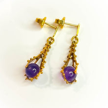 Load image into Gallery viewer, Antique 14k Yellow Gold Brutalist Amethyst Earrings Late Victorian Dangle Drop