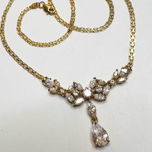 Load image into Gallery viewer, 14k Yellow Gold Leaf Crystal Necklace 16.5" Baroque Chevron Necklace Bridal 8g
