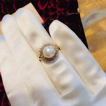Load image into Gallery viewer, 14k Yellow Gold 7mm Pearl 1/2cttw Double Halo Diamond Ring Size 4.5 Cluster 3.2g