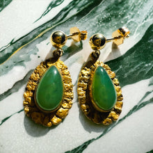 Load image into Gallery viewer, Gold in quartz, alaskan gold in quartz, alaskan jade, natural jade, nephrite jade, jadeite jade, drop earrings, victorian era earrings, vintage earrings, vintage fine jewelry, gold rush, solid gold, 22k gold earrings, jadeite earrings, 14k Gold Jade Earrings, Temple of Amara, Antique Jewelry Antiques