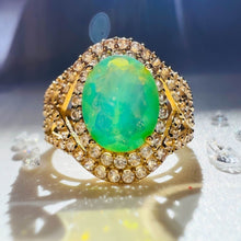 Load image into Gallery viewer, 10k Yellow Gold Peruvian Opal Ring Size 6.25 Oval Zircon Halo Ring 1.50cttw 3.3g