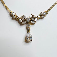 Load image into Gallery viewer, 14k Yellow Gold Leaf Crystal Necklace 16.5" Baroque Chevron Necklace Bridal 8g