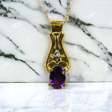 Load image into Gallery viewer, 10k, 18k, and 14k jewelry, engagement rings, wedding rings, promise rings, Christmas gifts, April birthstone rings, birthday gifts, Mother's Day gifts, fall fashion jewelry, diamond rings, sapphire jewelry, ruby & emerald pendants, necklaces, bracelet, earrings, chain, fine jewelry, &waterfall rings Amethyst Necklace 10k Yellow Gold 14k Gold Amethyst Necklace Oval Cut Amethyst and DIamond