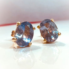 Load image into Gallery viewer, Natural Tanzania Mined Alexandrite Tanzanite Earrings 10k Yellow Gold 1.88cttw Bi Color Color Changing Studs 1.2g