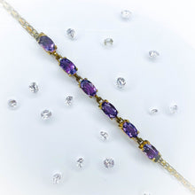 Load image into Gallery viewer, 10k Yellow Gold Vintage Amethyst Bracelet Bismark Link Chain 7.25" Estate 3.6g