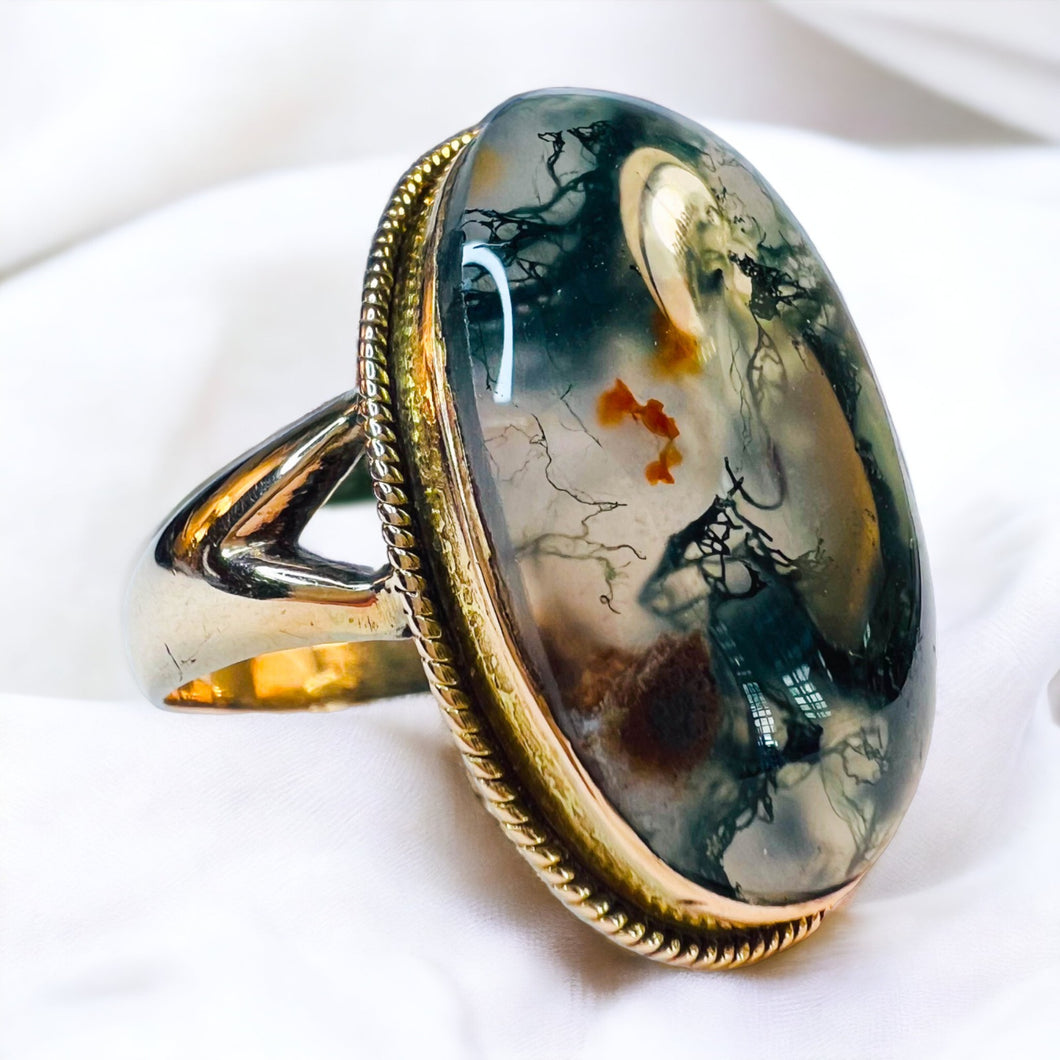 REAL 10k Yellow Gold ANTIQUE Moss Agate Ring Sz 8.25 LARGE Oval Navette Vintage