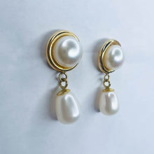 Load image into Gallery viewer, Authentic Solid 14k Yellow Gold Button Pearl &amp; Drop Pearl Dangle Earrings 3.2g
