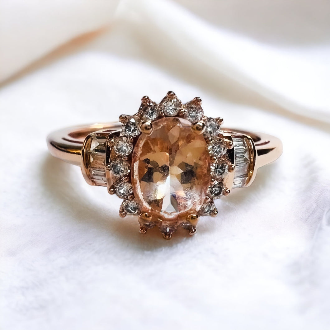 10k Rose Gold Morganite & Halo Diamond Ring Sz 8.25 Baguette Engagement Ring 2g