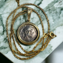 Load image into Gallery viewer, 14k Gold Ancient Coin Necklace 18&quot; 5.7g Silver Roman Emperor Commodus 177-192 AD Vintage Antique Fine Jewelry Best gift for Anniversary
