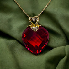 Load image into Gallery viewer, 10k Yellow Gold Ruby Diamond Necklace 18&quot;Heart Briolette Red Ruby BIG 19mm 6.6g
