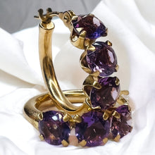 Load image into Gallery viewer, 10k Yellow Gold Natural Amethyst Hoop Earrings 17mm Prong Set Hoops 1g February
