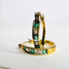 Load image into Gallery viewer, SOLID 10k YELLOW GOLD 1/3cttw 15mm NATURAL DIAMOND &amp; EMERALD Hoop Earrings 2.2g
