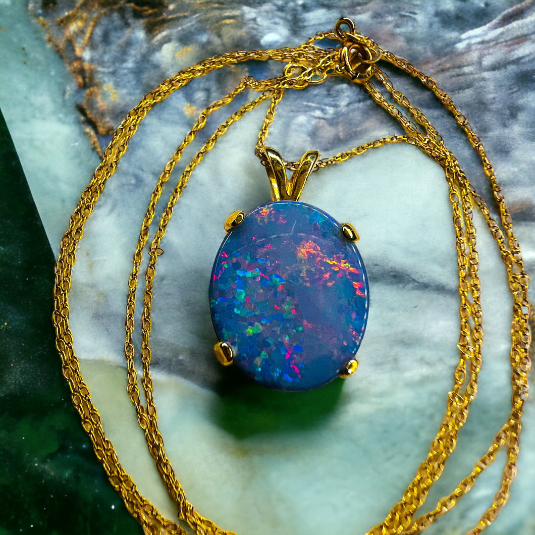 REAL 14k Yellow Gold Australian Black Opal Doublet Necklace 20