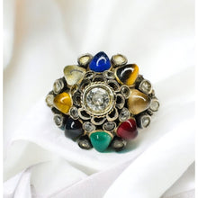 Load image into Gallery viewer, 14k Gold Harem Ring Size 8 Vintage Thai Princess Multi Gemstone Ring 4.9g
