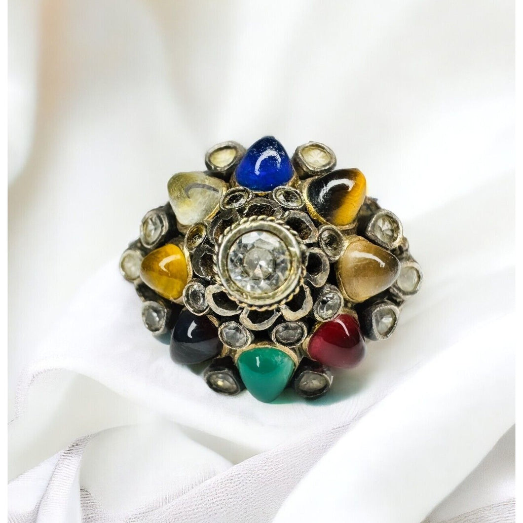 14k Gold Harem Ring Size 8 Vintage Thai Princess Multi Gemstone Ring 4.9g