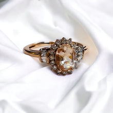 Load image into Gallery viewer, 10k Rose Gold Morganite &amp; Halo Diamond Ring Sz 8.25 Baguette Engagement Ring 2g
