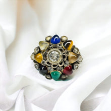 Load image into Gallery viewer, 14k Gold Harem Ring Size 8 Vintage Thai Princess Multi Gemstone Ring 4.9g
