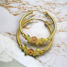 Load image into Gallery viewer, Real 10k Yellow Gold Hoop Earrings 24mm Hoops Rose Gold Flower Earrings 1.5g
