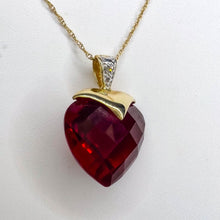 Load image into Gallery viewer, 10k Yellow Gold Ruby Diamond Necklace 18&quot; BIG 13mm Heart Briolette Red Ruby 3.3g
