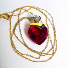 Load image into Gallery viewer, 10k Yellow Gold Ruby Diamond Necklace 18&quot; BIG 13mm Heart Briolette Red Ruby 3.2g
