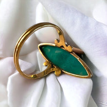 Load image into Gallery viewer, REAL 10k Yellow Gold ANTIQUE Green Agate Ring Sz 6 Victorian Era Long Navette Chrysoprase
