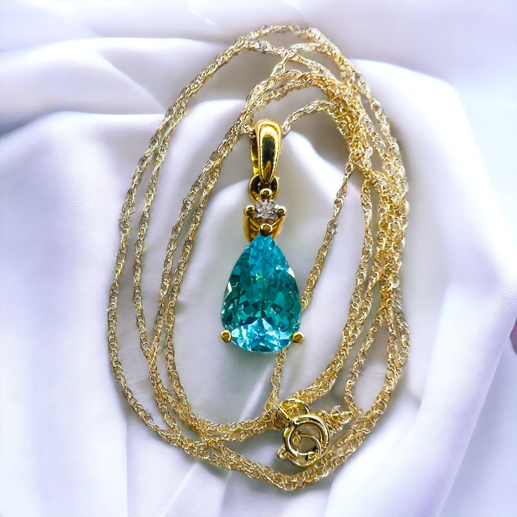 10k Solid Gold 1.25ct Paraiba Apatite & Diamond Necklace 18