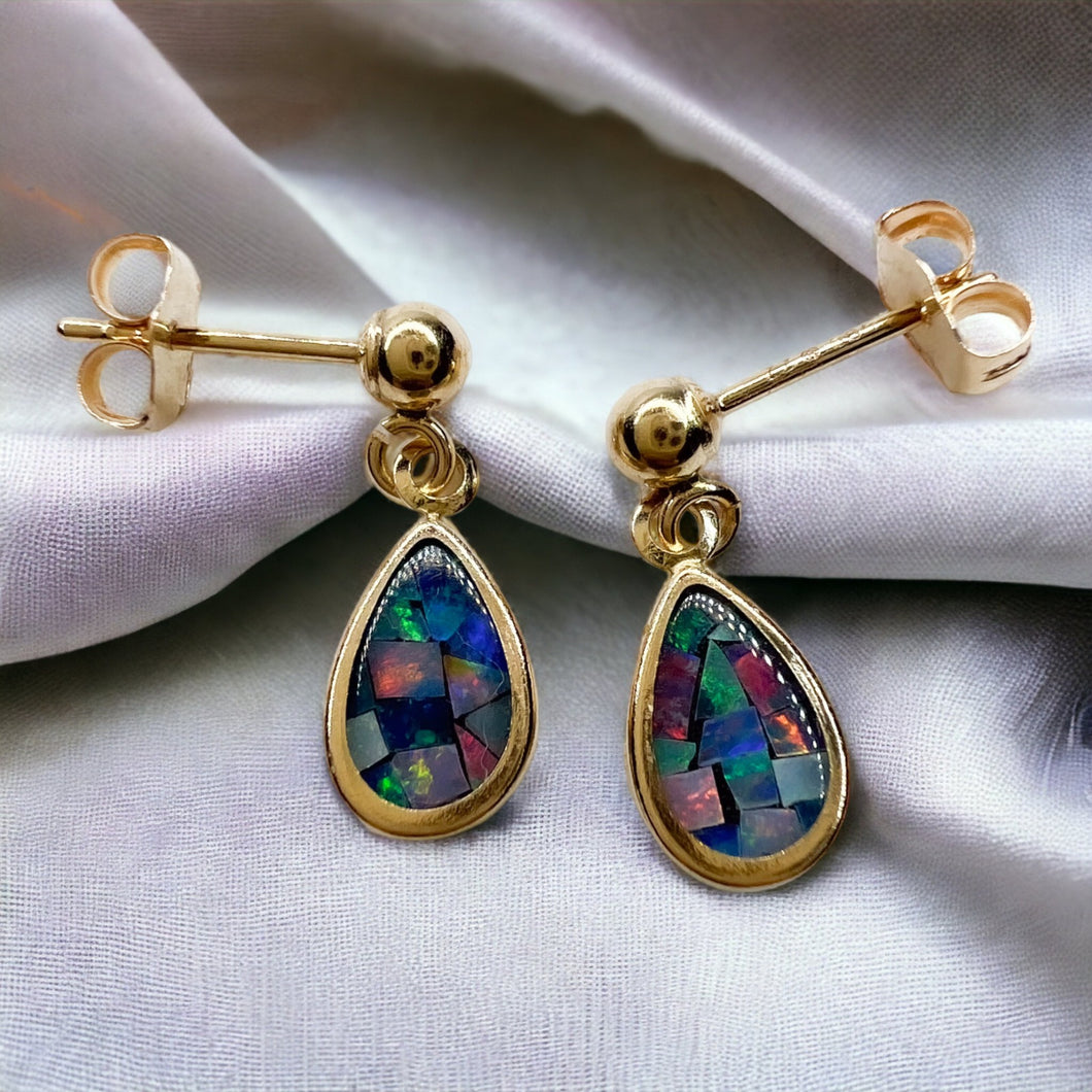 14k Yellow Gold Australian Black Opal Earrings 15mm Mosaic Opal Dangle Earrings