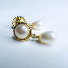 Load image into Gallery viewer, Authentic Solid 14k Yellow Gold Button Pearl &amp; Drop Pearl Dangle Earrings 3.2g
