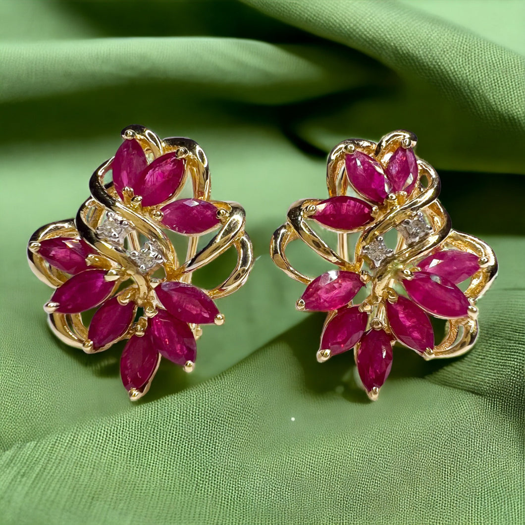 14k Yellow Gold 3 cttw Natural Ruby & Diamond Earrings Marquise Cluster Floral
