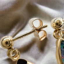 Load image into Gallery viewer, 14k Yellow Gold Australian Black Opal Earrings 15mm Mosaic Opal Dangle Earrings
