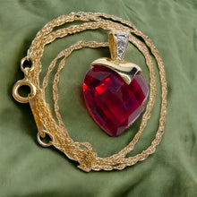 Load image into Gallery viewer, 10k Yellow Gold Ruby Diamond Necklace 18&quot; BIG 13mm Heart Briolette Red Ruby 3.3g
