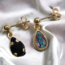 Load image into Gallery viewer, 14k Yellow Gold Australian Black Opal Earrings 15mm Mosaic Opal Dangle Earrings
