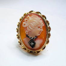 Load image into Gallery viewer, 14k Yellow Gold Antique Carved Shell Cameo Diamond Size 6 Ring Vintage 3.7g

