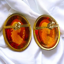 Load image into Gallery viewer, Antique 14k Gold Amber Cameo Earrings 30 CTTW Vintage Carved Oval Cabochons 7.7g
